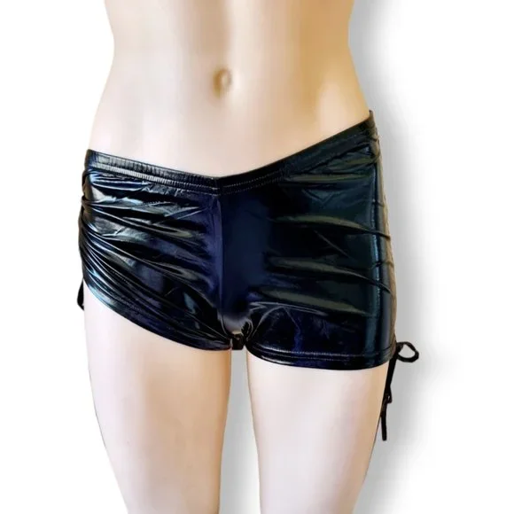 Metallic black wet-look triangle bralette + gathered tie hot pants Fits AU 6-10 - Picture 4 of 16